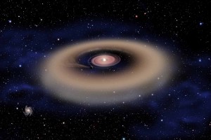 This artist’s conception shows a Jupiter-sized planet forming from a disk of dust and gas surrounding a young, massive star. The planet’s gravity has cleared a gap in the disk. (Image by David A. Aguilar) 