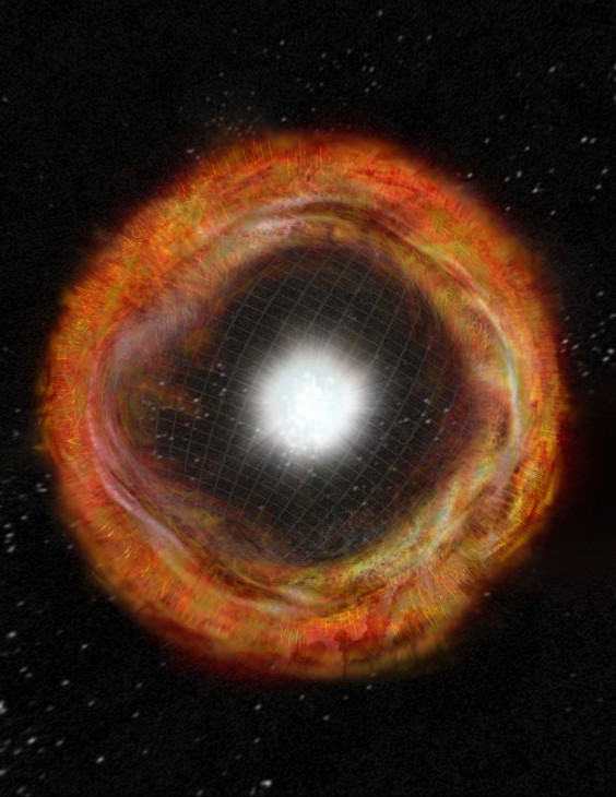 Image left: This artist's conception shows a normal core-collapse supernova explosion expelling a nearly-spherical debris shell. (Artwork by Bill Saxton)