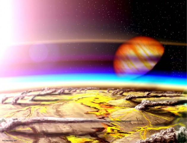Image right: This artist's conception shows an extremely volcanic moon orbiting a gas giant planet in another star system. New research suggests that astronomers using the James Webb Space Telescope could potentially detect volcanic activity on a distant Earth-sized planet by measuring volcanic gases in its atmosphere. (Illustration by Wade Henning)