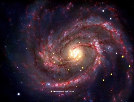 This composite image shows a supernova within the galaxy M100 that may contain the youngest known black hole in our cosmic neighborhood.