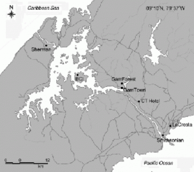 a map of Panama showing where acoustic studies of bats were conducted