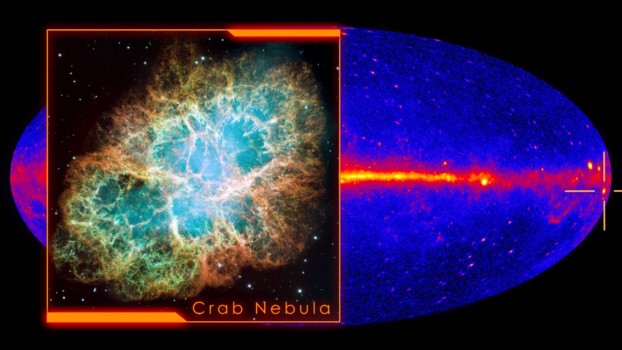 A Hubble visible light image of the Crab Nebula inset against a full-sky gamma ray map showing the location of the nebula (croshairs). Credit: NASA