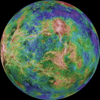 EARTH’S TWIN? Radar data collected over many years from multiple sources were used to create this beautiful, color-coded portrait of Venus. Venus has roughly the same size, mass, density, and composition as Earth. Until the 1960’s, scientists speculated that Venus may have been very Earth-like, and home to lush, tropical forests. That view changed when new observations confirmed a superheated surface with temperatures over 400˚C (750˚F) and pressures nearly a hundred times that of Earth. But the biggest difference with Earth lies within Venus’ atmosphere. Clouds on Venus are made not of water like they are on Earth, but rather of concentrated sulfuric acid—essentially battery acid. About 700 million years ago, Venus experienced tremendous volcanic activity, flooding the surface with new lava and filling the atmosphere with greenhouse gases, causing a runaway greenhouse effect. Image Credit: NASA/JPL-Caltech