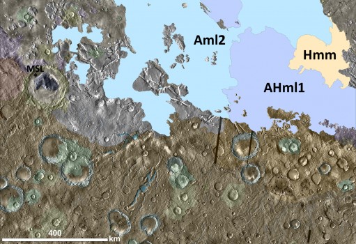 Image right: Geologic map of the MC-23 NW quadrangle on Mars, highlighting MFF units in solid colors. The landing site targeted for the Mars Science Laboratory (Curiosity) rover is shown inside Gale crater, at center left. The new mapping reveals MFF materials much closer to Gale crater than had been previously recognized. (Credit: James R. Zimbelman and Stephen P. Scheidt, Smithsonian)