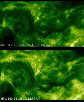 These photos of the solar corona, or million-degree outer atmosphere, show the improvement in resolution offered by NASA's High Resolution Coronal Imager, or Hi-C (bottom), versus the Atmospheric Imaging Assembly on NASA's Solar Dynamics Observatory (top). Both images show a portion of the sun's surface roughly 85,000 by 50,000 miles in size. Hi-C launched on a sounding rocket on July 11, 2012 in a flight that lasted about 10 minutes. The representative-color images were made from observations of ultraviolet light at a wavelength of 19.3 nanometers (25 times shorter than the wavelength of visible light). Credit: NASA