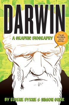 Comic style drawing of Charles Darwin with book title text overlay
