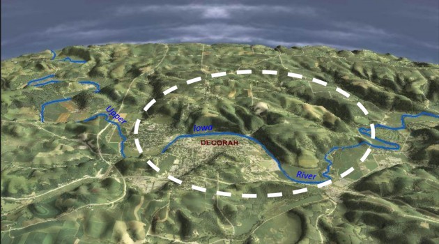 3-D view of Decorah, Iowa and the Upper Iowa River. Scene is looking due north.