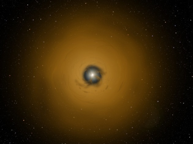 This artist's conception illustrates what we would see if we could zoom in on the TW Hydrae system. We are viewing the star nearly pole-on, where streamers of gas from the surrounding protoplanetary disk funnel onto the star. Research shows that this growth process, also known as accretion, is clumpy and episodic. (Image by David A. Aguilar)
