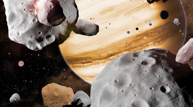 In this artist's conception, Jupiter's migration through the solar system has swept asteroids out of stable orbits, sending them careening into one another. As the gas giant planets migrated, they stirred the contents of the solar system. Objects from as close to the Sun as Mercury, and as far out as Neptune, all collected in the main asteroid belt, leading to the diverse composition we see today. (Image by David A. Aguilar)
