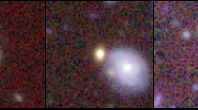 This series of photos shows three "red nugget" galaxies at a distance of about 4 billion light-years, and therefore seen as they were 4 billion years ago. At left, a lonely one without companion galaxies. The one in the middle is alone as well, although it appears to be next to a larger spiral galaxy. That blue spiral is actually much closer to us, only one billion light-years away. Finally, the red nugget on the right might have some companion galaxies residing nearby. (Image courtesy Ivana Damjanov & CFHT MegaCam Team)