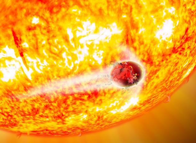 In this artist's conception, the doomed world Kepler-56b is being tidally shredded and consumed by its aging host star. New research shows that Kepler-56b will be engulfed by its star in about 130 million years, while its sibling Kepler-56c will be swallowed in 155 million years. This is the first time that two known exoplanets in a single system have a predicted "time of death." (David A. Aguilar, CfA) 