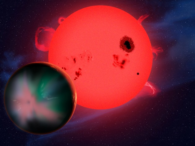 This artist's conception shows a hypothetical alien world orbiting a red dwarf star. Although it is in the star’s habitable zone, this planet faces an extreme space environment that is stripping its atmosphere and generating powerful aurorae. Since they are subjected to such harsh physical conditions, red-dwarf planets may not be habitable after all, so life in the universe might be even rarer than we thought. (Image by David A. Aguilar, CfA)