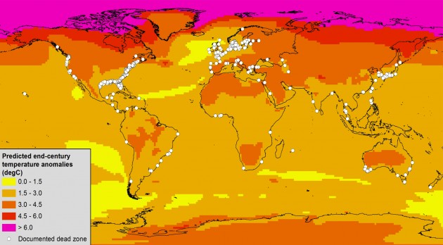 Map of known dead zones (white dots) and predicted changes in annual air temperature for 2080-2099 versus 1980-1999. The air temperature predictions are based on a “middle-of-the-road” scenario of fossil fuel use. (Credit: Keryn Gedan and Andrew Altieri)