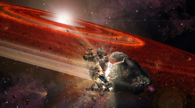 An artist's impression of the debris disk around HD 107146. This adolescent star system shows signs that in its outer reaches, swarms of Pluto-size objects are jostling nearby smaller objects, causing them to collide and "kick up" considerable dust.
(Graphic by A. Angelich, NRAO/AUI/NSF)