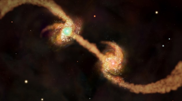 This illustration shows two spiral galaxies - each with supermassive black holes at their center - as they are about to collide and form an elliptical galaxy. New research shows that galaxies' dark matter halos influence these mergers and the resulting growth of supermassive black holes. (Image courtesy NASA/CXC/M.Weiss)