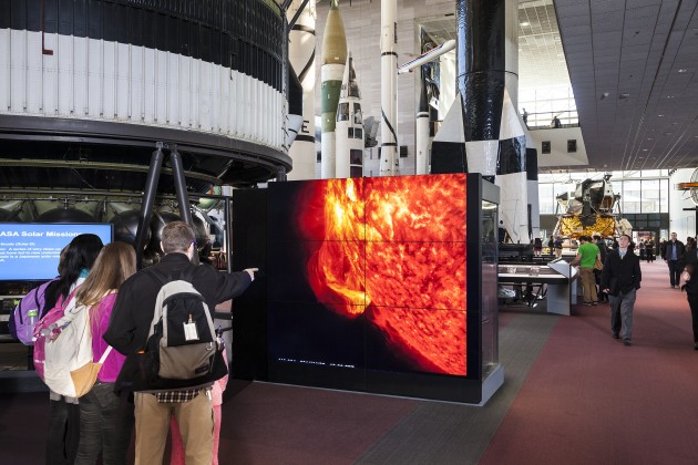 The 7-by-6-foot Dynamic Sun Video Wall shows full sun observations captured the previous day, space-weather information and scientific explanations of solar features. The high-resolution images help visitors better understand the complexities of the sun’s behavior.  (Image by Eric Long, Smithsonian Institution) 