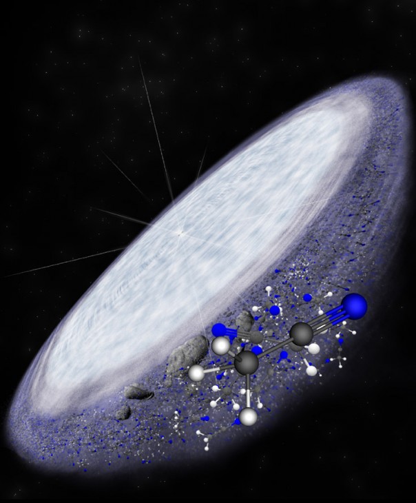  Artist impression of the protoplanetary disk surrounding the young star MWC 480. ALMA has detected the complex organic molecule methyl cyanide in the outer reaches of the disk in the region where comets are believed to form. This is another indication that complex organic chemistry, and potentially the conditions necessary for life, are universal. (Image by B. Saxton,  NRAO/AUI/NSF) 