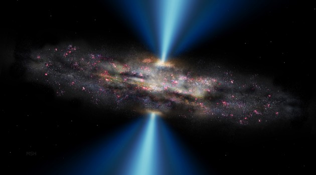 In this illustration a black hole emits part of the accreted matter in the form of energetic radiation (blue), without slowing down star formation within the host galaxy (purple regions). (Illustration by M. Helfenbein, Yale University / OPAC
