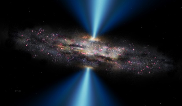 In this illustration a black hole emits part of the accreted matter in the form of energetic radiation (blue), without slowing down star formation within the host galaxy (purple regions). (Illustration by M. Helfenbein, Yale University / OPAC