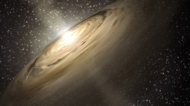This artist's concept illustrates a solar system that is a much younger version of our own. Dusty disks, like the one shown here circling the star, are thought to be the breeding grounds of planets, including rocky ones like Earth. Astronomers using NASA's Spitzer Space Telescope spotted some of the raw ingredients for DNA and protein in one such disk belonging to a star called IRS 46. The ingredients, gaseous precursors to DNA and protein called acetylene and hydrogen cyanide, were detected in the star's inner disk, the region where scientists believe Earth-like planets would be most likely to form.