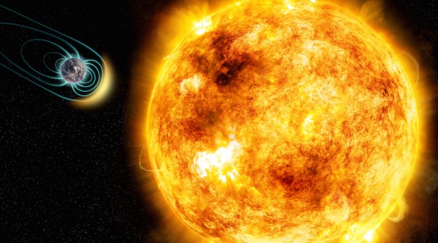 In this artist's illustration, the young Sun-like star Kappa Ceti is blotched with large starspots, a sign of its high level of magnetic activity. New research shows that its stellar wind is 50 times stronger than our Sun's. As a result, any Earth-like planet would need a magnetic field in order to protect its atmosphere and be habitable. The physical sizes of the star and planet and distance between them are not to scale. (Image courtesy M. Weiss/CfA)