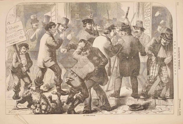 An election takes place in 1850s New York City, amid brawling men and dogs