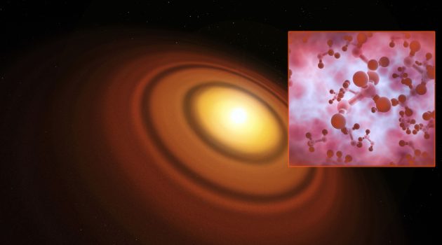 This artist’s impression shows the closest known protoplanetary disc, around the star TW Hydrae in the southern constellation of Hydra (The Female Watersnake). The organic molecule methyl alcohol (methanol) has been found by the Atacama Large Millimeter/Submillimeter Array (ALMA) in this disc. This is the first such detection of the compound in a young planet-forming disc. (Image ESO/M. Kornmesser)