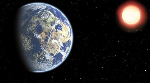 This artist's conception shows a red dwarf star orbited by a pair of habitable planets. Because red dwarf stars live so long, the probability of cosmic life grows over time. As a result, Earthly life might be considered "premature." (Image by Christine Pulliam/CfA)