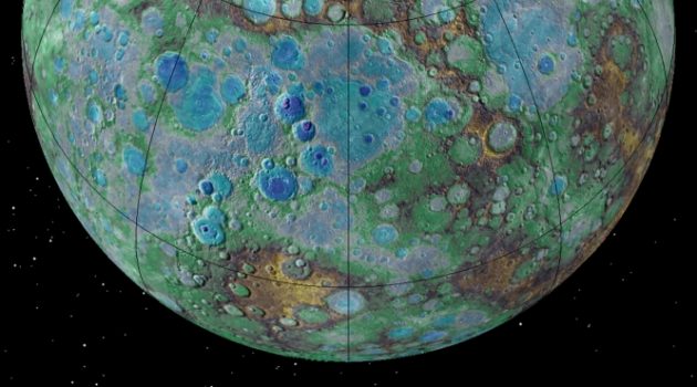 The topography of the northern hemisphere shows the highs and lows of Mercury. The closest approach of the MESSENGER spacecraft to Mercury (the periapsis altitude) was located in the northern hemisphere and so during the low-altitude campaign the small, young fault scarps were found in highest resolution images of that region. This is the first global topographic model of Mercury and is combined with a global image mosaic. The view is centered near Carnegie Rupes, one of the largest lobate fault scarps in the northern hemisphere of Mercury. (Credit: NASA/Johns Hopkins University Applied Physics Laboratory/Carnegie Institution of Washington/USGS/Arizona State University.)