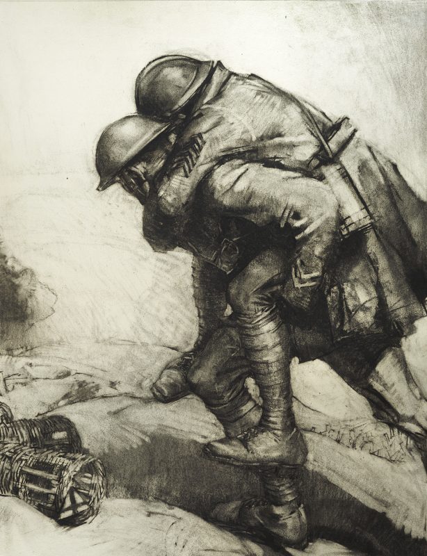 drawing of soldier carrying a wounded soldier on his back.