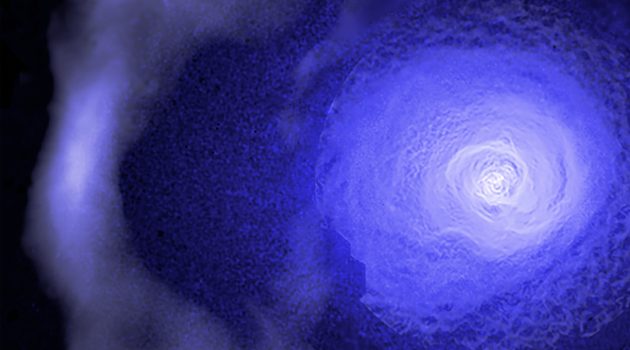 A gigantic and resilient "cold front" is hurtling through the Perseus galaxy cluster according to data from Chandra & other X-ray observatories. This cosmic weather system spans about two million light years and has been traveling for over 5 billion years, longer than the existence of our Solar System. This image shows the cold front in the Perseus cluster where X-ray data from Chandra – for regions close to the center of the cluster – have been combined with data from the XMM-Newton and ROSAT satellites for regions farther out. The Chandra data have been specially processed to brighten the contrast of edges to make subtle details more obvious. (Image courtesy NASA/CXC/GSFC/S. Walker, ESA/XMM, ROSAT)
