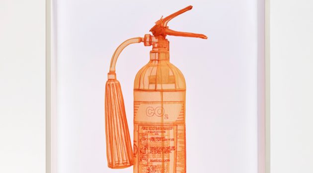 Do Ho Suh, Fire Extinguisher, Unit G5, 23 Wenlock Road, Union Wharf, London, N1 7SB UK, 2016. Polyester fabric, stainless steel armature and display case with LED lighting. Collection of Peter H. Kahng ©Do Ho Suh. Courtesy the artist and Lehmann Maupin, New York and Hong Kong. Photo by Taegsu Jeon 
(Courtesy of the Smithsonian American Art Museum)